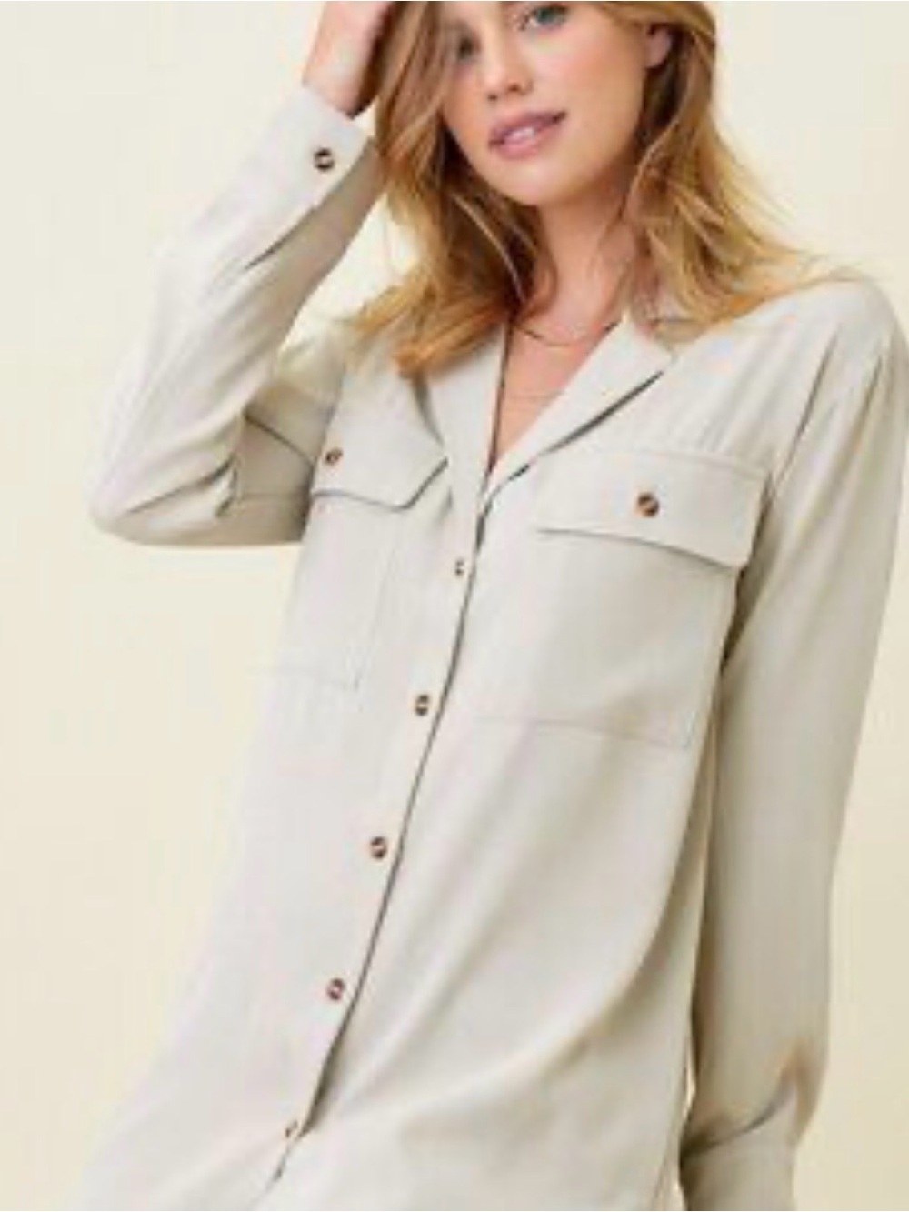 MYSTREE - Cream 5 Button-Front Long Sleeve Blouse - M